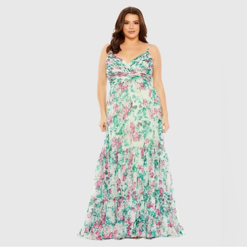 Mac Duggal Green Floral Printed Tiered Ruched Gown